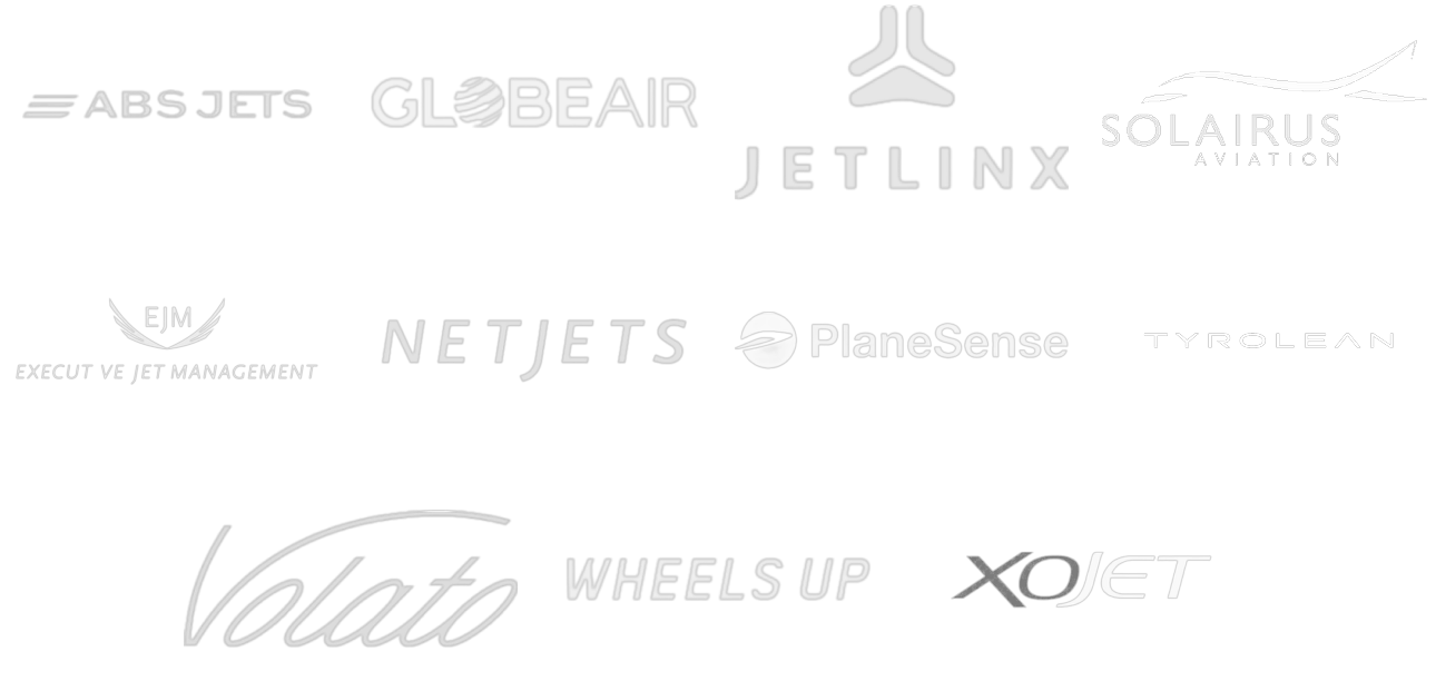 Логотипы партнёров: ABS Jets, GlobeAir, Jet Linx, Solairus Aviation, Executive Jet Management, NetJets, PlaneSense, Tyrolean, Volato, Wheels Up, XOJET